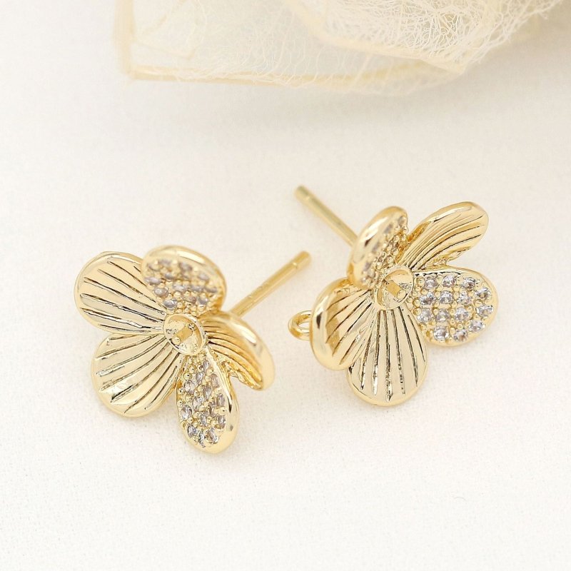 925 Silver Needle Parthenocissus Grass Zircon Stud Earrings Plated 14K Gold-Jewearrings