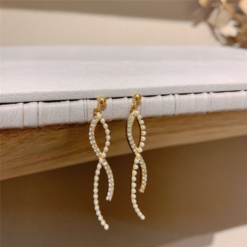 925 Silver Needle Pearl Curved Earring Temperament Long Earrings-Jewearrings