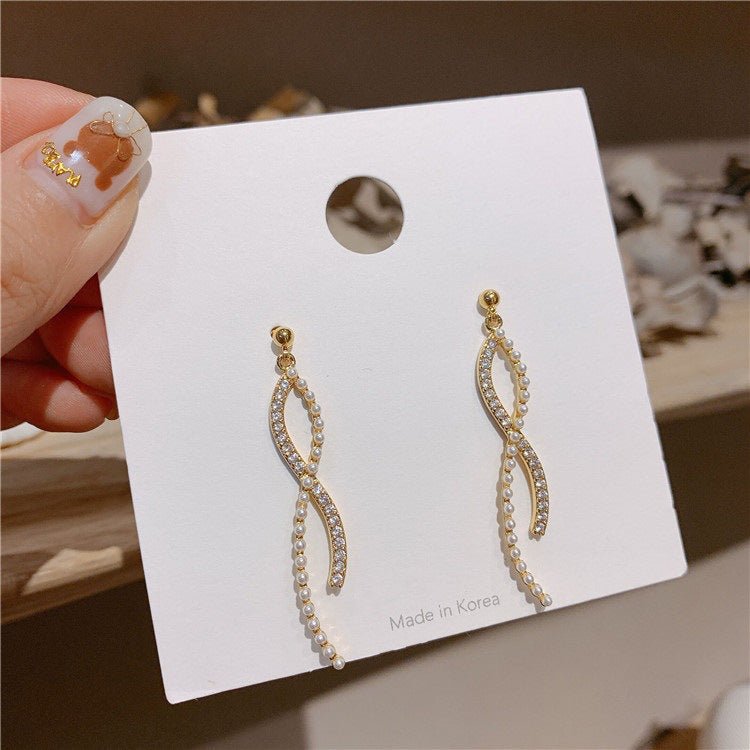 925 Silver Needle Pearl Curved Earring Temperament Long Earrings-Jewearrings