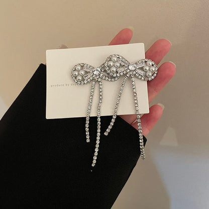 925 Silver Needle Pearl Diamond Bowknot Tassel Earrings-Jewearrings