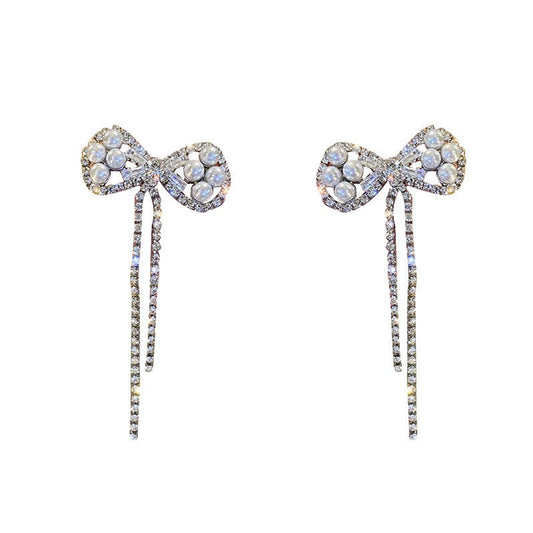 925 Silver Needle Pearl Diamond Bowknot Tassel Earrings-Jewearrings