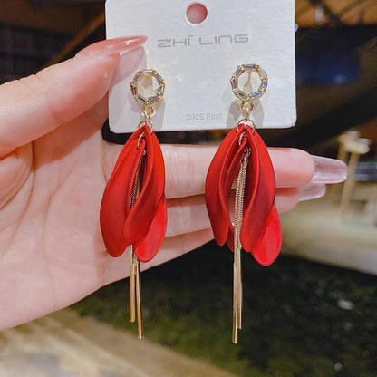 925 Silver Needle Red Copper Earrings Studded With Zircon Women's Long Tassel Earrings New Trendy Korean Online Influencer Earrings-Jewearrings