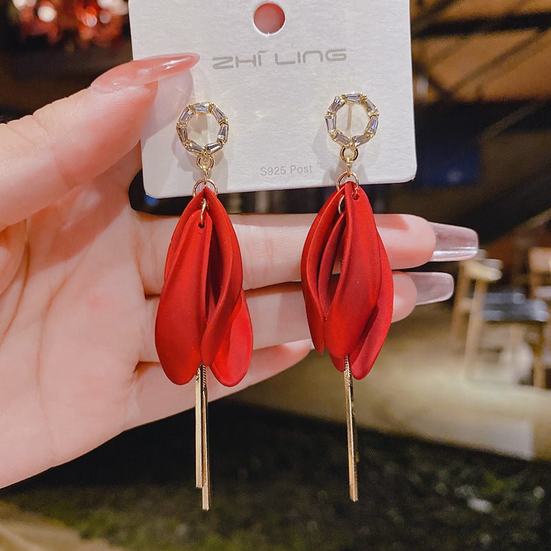 925 Silver Needle Red Copper Earrings Studded With Zircon Women's Long Tassel Earrings New Trendy Korean Online Influencer Earrings-Jewearrings