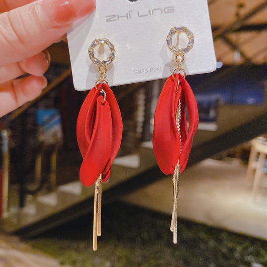 925 Silver Needle Red Copper Earrings Studded With Zircon Women's Long Tassel Earrings New Trendy Korean Online Influencer Earrings-Jewearrings