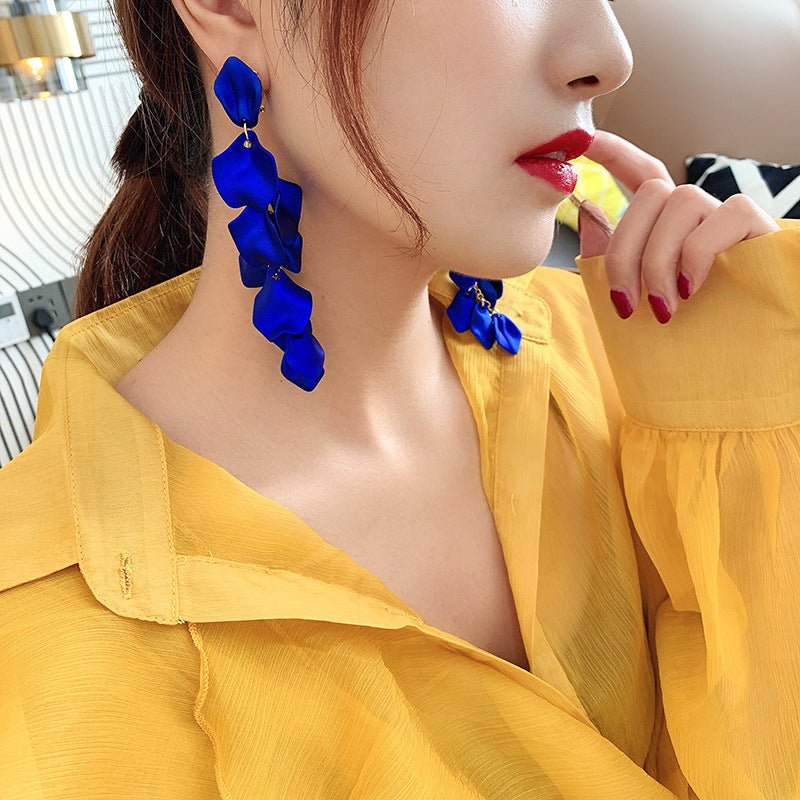 925 Silver Needle Rose Petal Earrings European And American Exaggerated Fashion Long Tassel Earrings Net Red Temperament New Earrings-Jewearrings