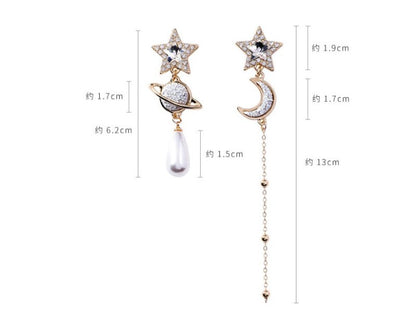 925 silver needle shiny white diamond cosmic planet moon five-pointed star long chain earrings stars asymmetric earrings female-Jewearrings