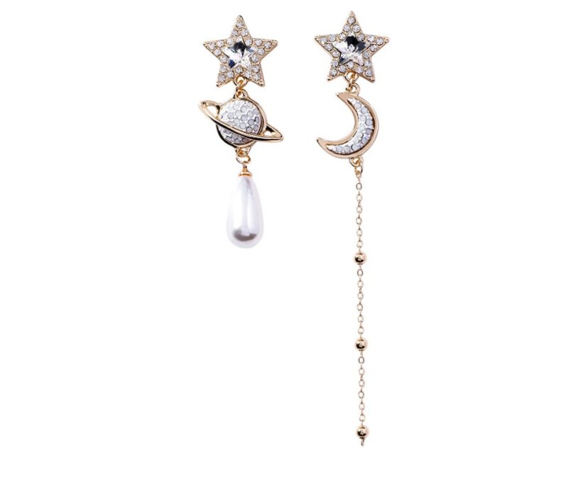 925 silver needle shiny white diamond cosmic planet moon five-pointed star long chain earrings stars asymmetric earrings female-Jewearrings