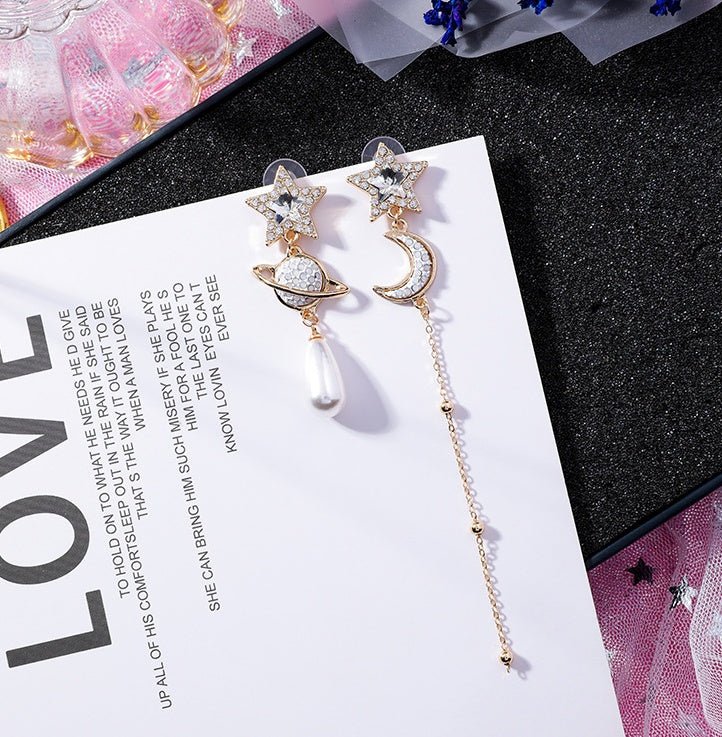 925 silver needle shiny white diamond cosmic planet moon five-pointed star long chain earrings stars asymmetric earrings female-Jewearrings