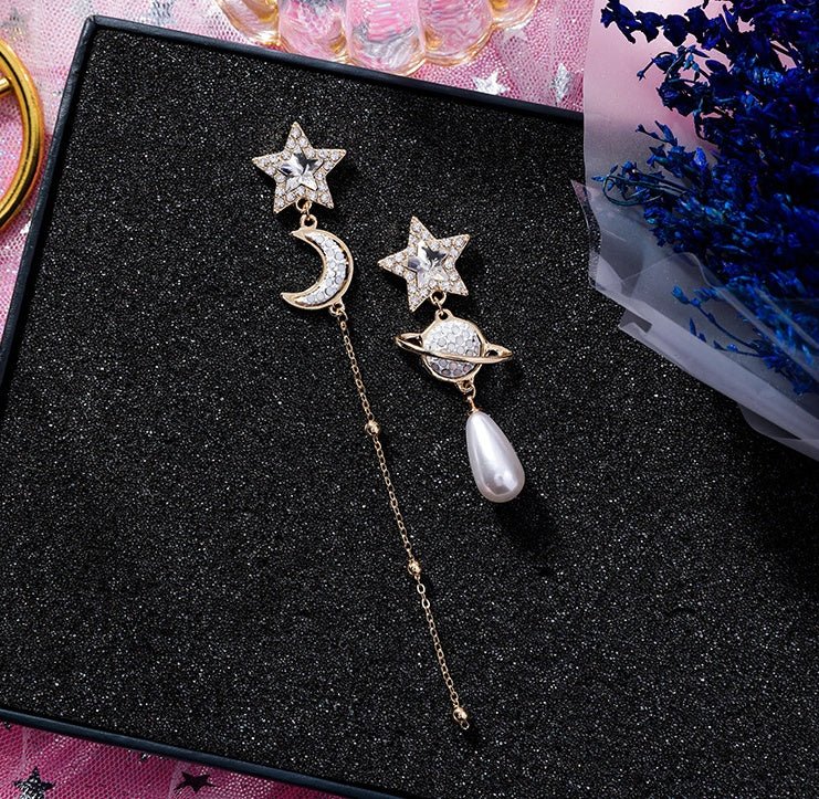 925 silver needle shiny white diamond cosmic planet moon five-pointed star long chain earrings stars asymmetric earrings female-Jewearrings