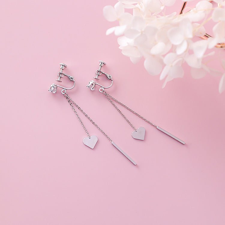 925 silver needle stick peach heart tassel long earrings-Jewearrings