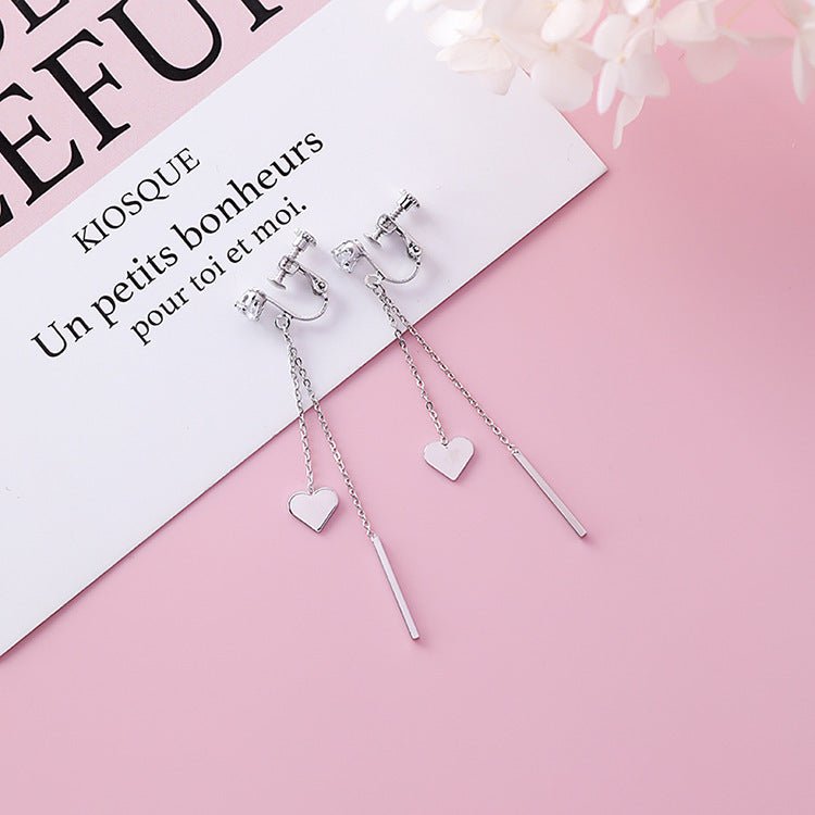 925 silver needle stick peach heart tassel long earrings-Jewearrings