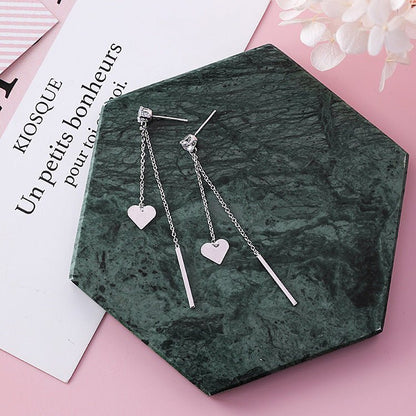 925 silver needle stick peach heart tassel long earrings-Jewearrings