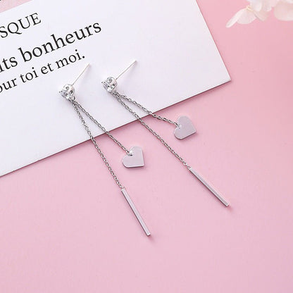 925 silver needle stick peach heart tassel long earrings-Jewearrings