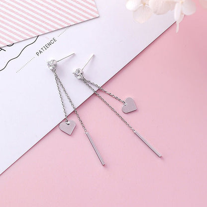 925 silver needle stick peach heart tassel long earrings-Jewearrings