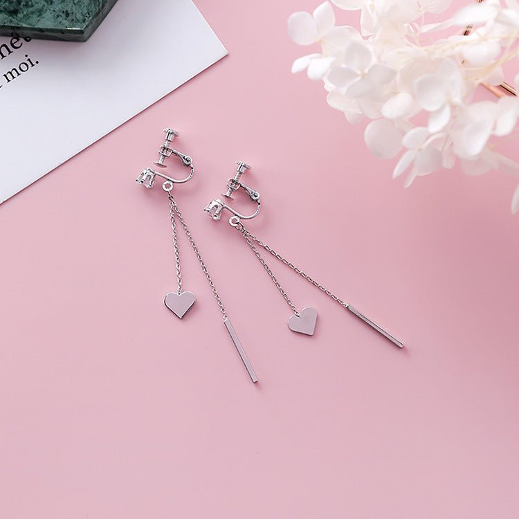 925 silver needle stick peach heart tassel long earrings-Jewearrings