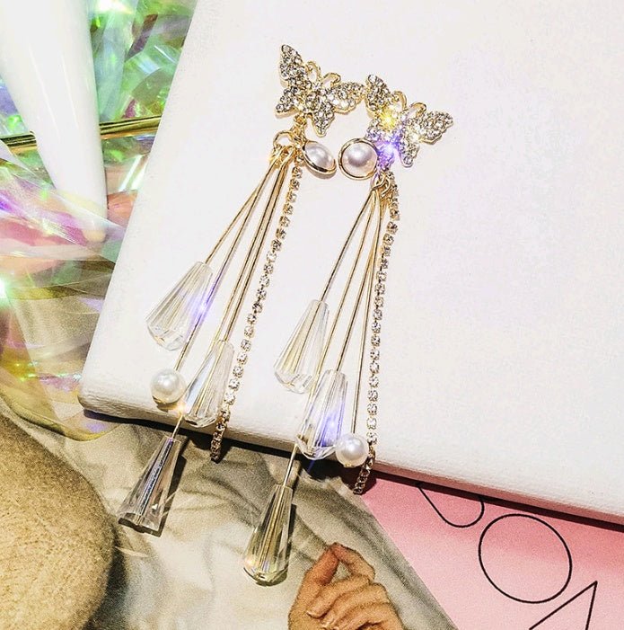 925 silver needle super fairy crystal earrings butterfly temperament long tassel earrings personality earrings earrings-Jewearrings