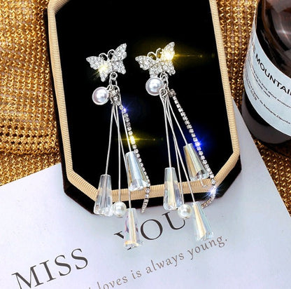 925 silver needle super fairy crystal earrings butterfly temperament long tassel earrings personality earrings earrings-Jewearrings