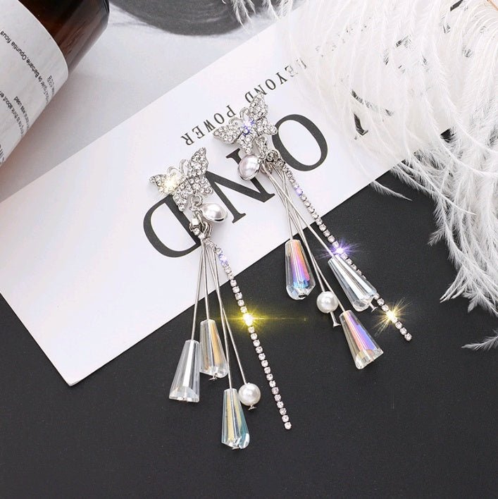 925 silver needle super fairy crystal earrings butterfly temperament long tassel earrings personality earrings earrings-Jewearrings