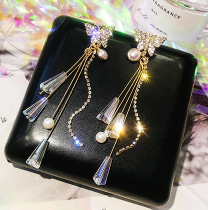 925 silver needle super fairy crystal earrings butterfly temperament long tassel earrings personality earrings earrings-Jewearrings