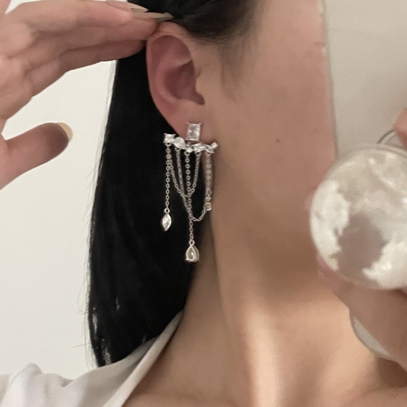 925 Silver Needle Tassel Earrings Women's Long Diamond Retro-Jewearrings