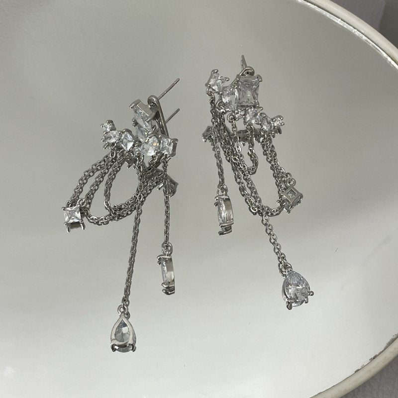 925 Silver Needle Tassel Earrings Women's Long Diamond Retro-Jewearrings