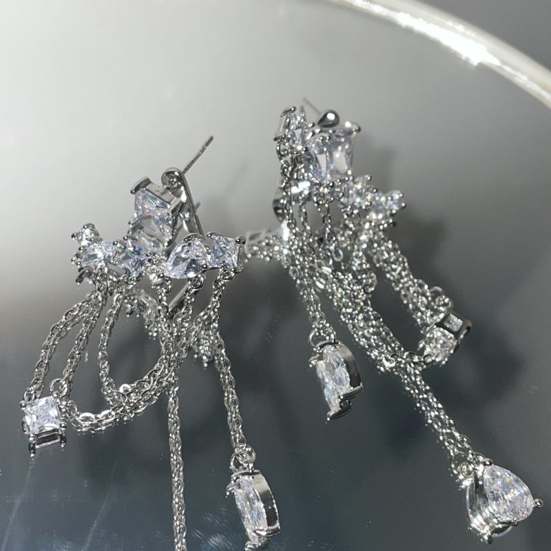 925 Silver Needle Tassel Earrings Women's Long Diamond Retro-Jewearrings