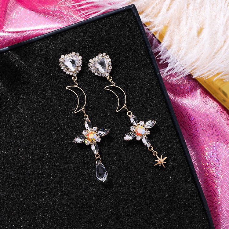 925 silver needle temperament cross moon long earrings personality asymmetric tassel small earrings female Baroque-Jewearrings