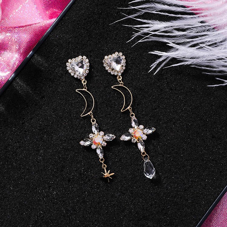 925 silver needle temperament cross moon long earrings personality asymmetric tassel small earrings female Baroque-Jewearrings