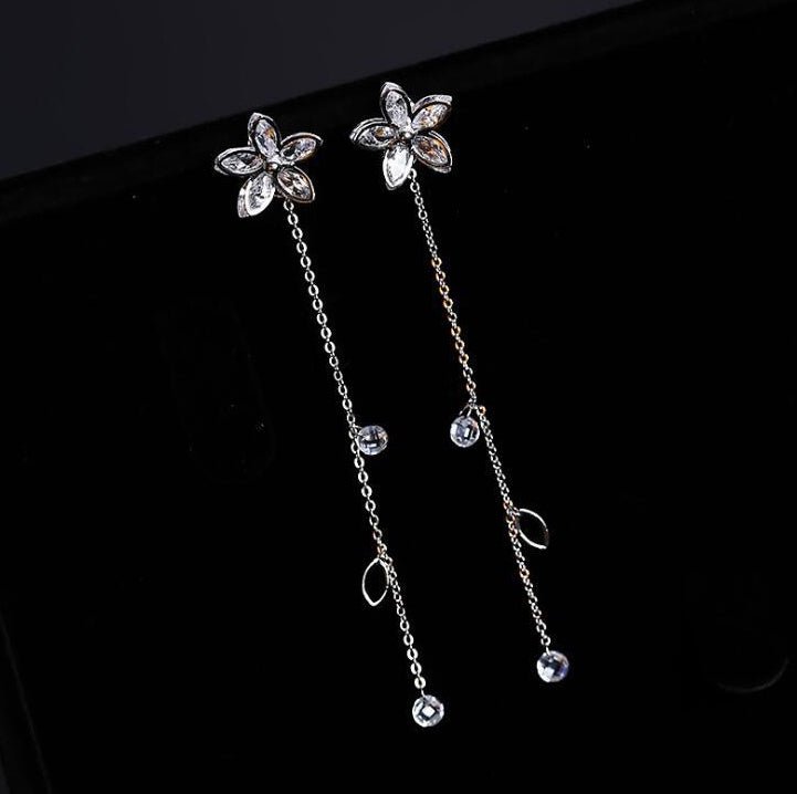 925 silver needle temperament flower long tassel earrings snowflake geometric zircon earrings-Jewearrings