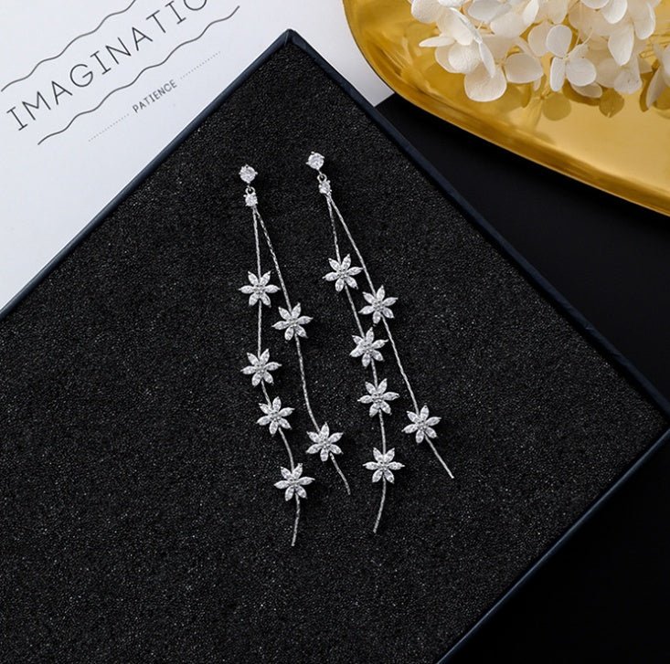 925 silver needle temperament flower long tassel earrings snowflake geometric zircon earrings-Jewearrings