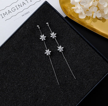 925 silver needle temperament flower long tassel earrings snowflake geometric zircon earrings-Jewearrings