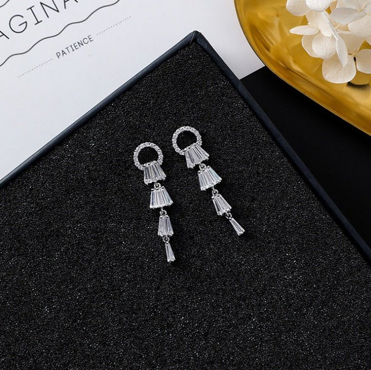 925 silver needle temperament flower long tassel earrings snowflake geometric zircon earrings-Jewearrings