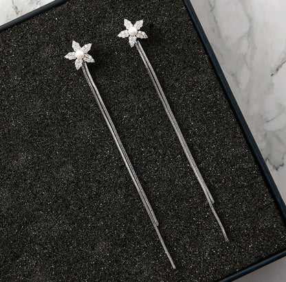 925 silver needle temperament flower long tassel earrings snowflake geometric zircon earrings-Jewearrings