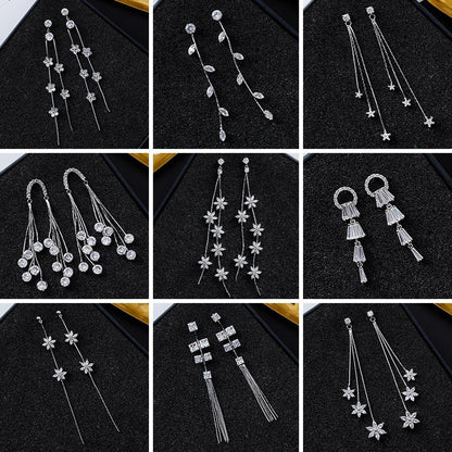 925 silver needle temperament flower long tassel earrings snowflake geometric zircon earrings-Jewearrings