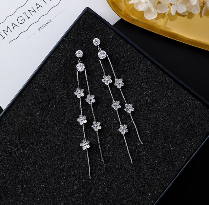 925 silver needle temperament flower long tassel earrings snowflake geometric zircon earrings-Jewearrings