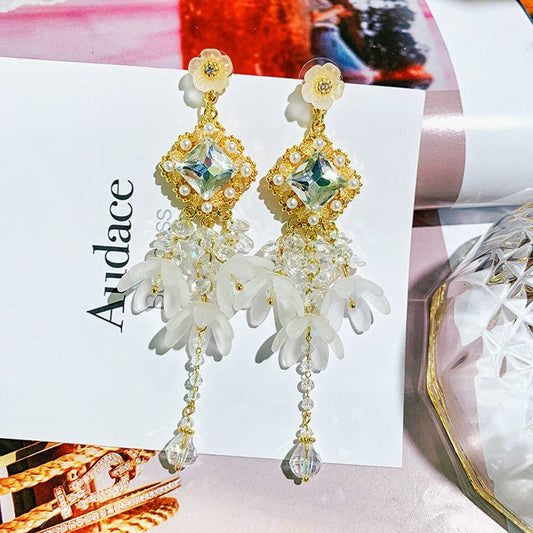 925 Silver Needle Temperament Long Flower Earrings Female Exaggerated Earrings Earrings Diamond Tassel Net Red-Jewearrings