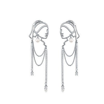 925 Silver Needle With Pearl Earrings Exaggerated French Style Long Tassel-Jewearrings