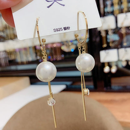 925 Silver Needle Zircon Pearl Long Earrings-Jewearrings