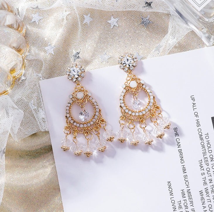 925 silver pin retro style rhinestone flower crystal tassel earrings exaggerated drop tassel earrings-Jewearrings