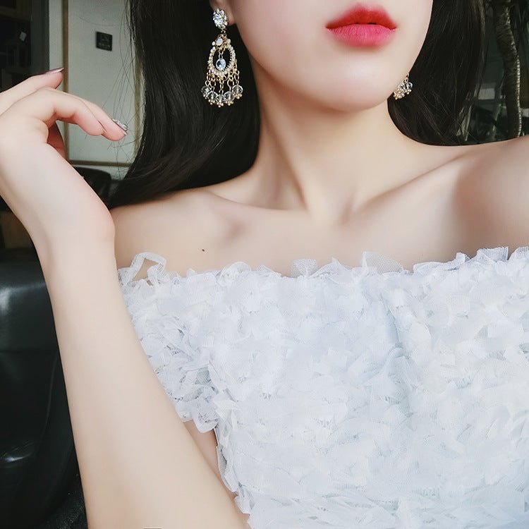 925 silver pin retro style rhinestone flower crystal tassel earrings exaggerated drop tassel earrings-Jewearrings