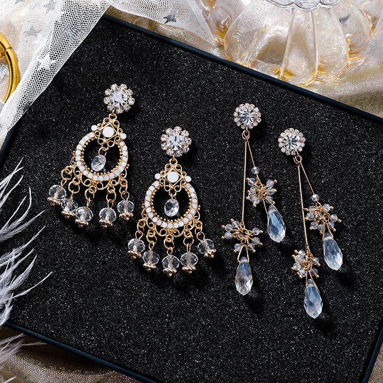 925 silver pin retro style rhinestone flower crystal tassel earrings exaggerated drop tassel earrings-Jewearrings