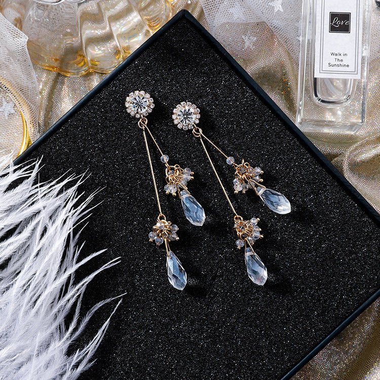 925 silver pin retro style rhinestone flower crystal tassel earrings exaggerated drop tassel earrings-Jewearrings