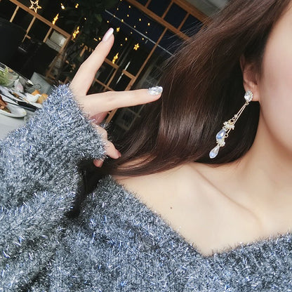 925 silver pin retro style rhinestone flower crystal tassel earrings exaggerated drop tassel earrings-Jewearrings