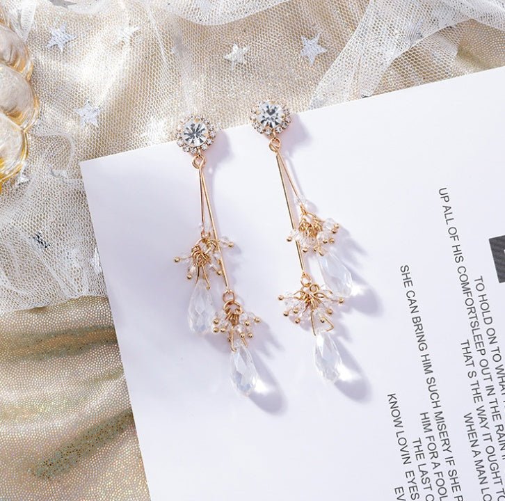 925 silver pin retro style rhinestone flower crystal tassel earrings exaggerated drop tassel earrings-Jewearrings