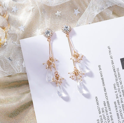 925 silver pin retro style rhinestone flower crystal tassel earrings exaggerated drop tassel earrings-Jewearrings