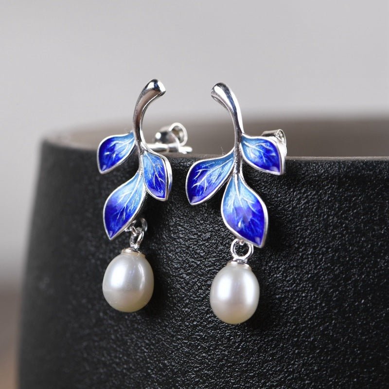 925 Silver Plain Burnt Blue Leaf Stud Earrings-Jewearrings