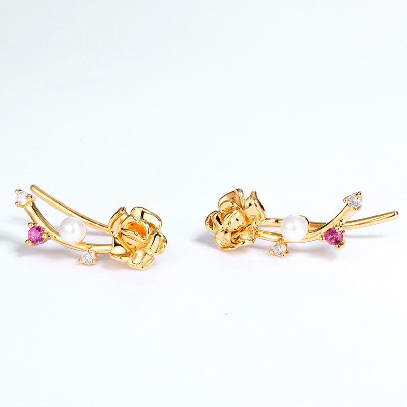 925 Silver Plated 9K Gold Valentine's Day Flower Diagonal Earrings-Jewearrings