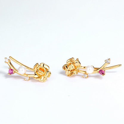 925 Silver Plated 9K Gold Valentine's Day Flower Diagonal Earrings-Jewearrings