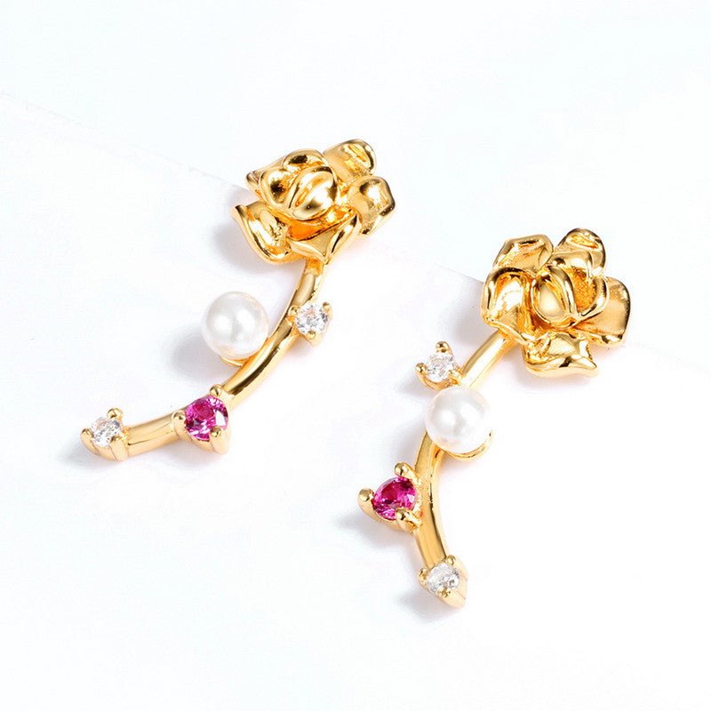 925 Silver Plated 9K Gold Valentine's Day Flower Diagonal Earrings-Jewearrings