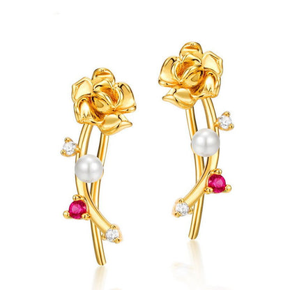 925 Silver Plated 9K Gold Valentine's Day Flower Diagonal Earrings-Jewearrings